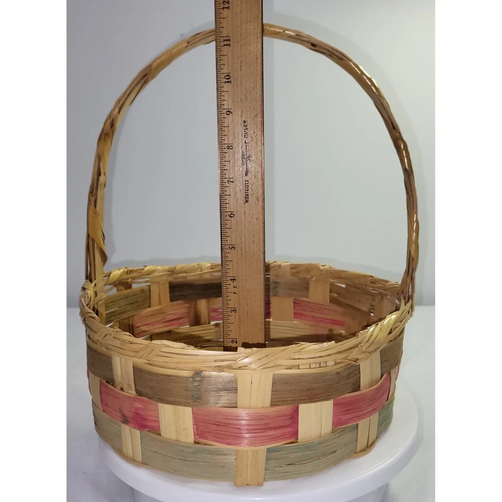 Vintage Woven Easter Basket Round Splint Wood Pink Green Accent Handle